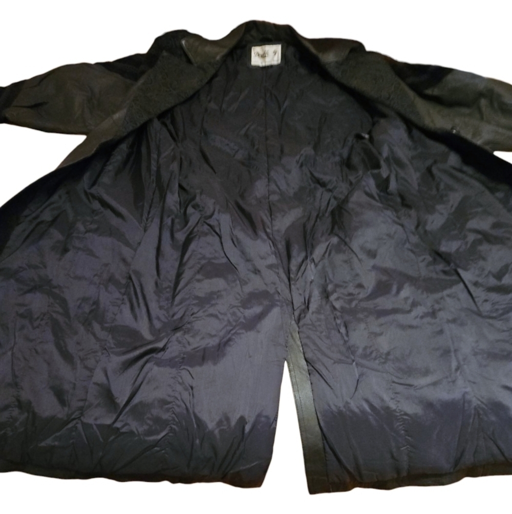 Vintage 80s Long Black Leather/Suede Trench Coat/Duster, Sz Med, Double G - Picture 11 of 12